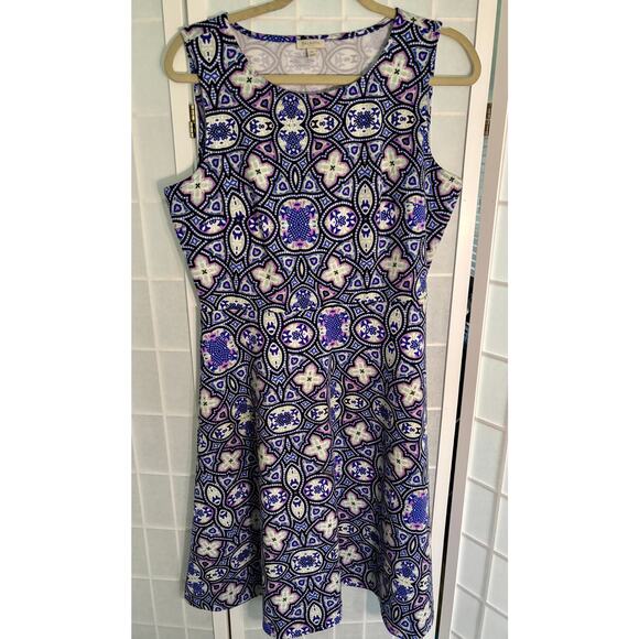Talbots Sleeveless Fit & Flare Dress Mosaic Blue Purple Print Boho Chic Size 10 - Picture 1 of 7